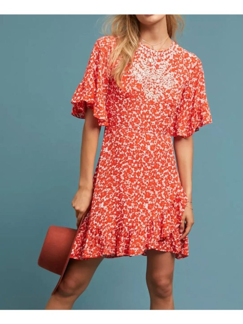 Anthropologie Ranna Gill Midtown Embroidered Dress Size XS Orange Embroidered - Picture 1 of 7